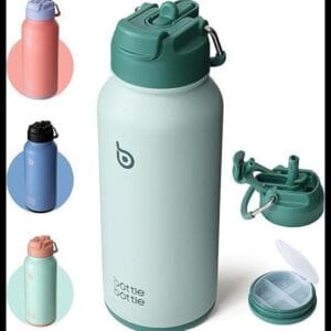 BOTTLE BOTTLE Botella de agua isotérmica de acero inoxidable de 946 ml con pajita, pastillero y tapa de doble uso para gimnasio (verde)