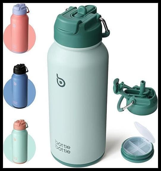 BOTTLE BOTTLE Botella de agua isotérmica de acero inoxidable de 946 ml con pajita, pastillero y tapa de doble uso para gimnasio (verde)