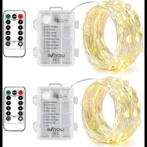 BXROIU 2 x Guirnalda luces pilas 8modos de luz y control remoto con temporizador,cadena 5metros de alambre plateado y 50 LEDs.para decorar dormitorios,jardines,fiestas,Navidad,Halloween,bodas y más