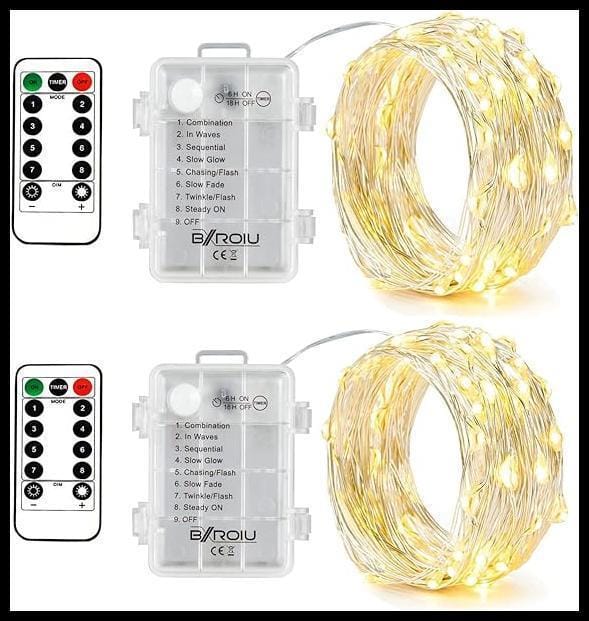 BXROIU 2 x Guirnalda luces pilas 8modos de luz y control remoto con temporizador,cadena 5metros de alambre plateado y 50 LEDs.para decorar dormitorios,jardines,fiestas,Navidad,Halloween,bodas y más