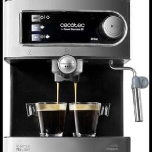 Cecotec Cafetera Express Manual Power Espresso 20. 850 W, Presión 20 Bares, Depósito de 1,6L, Brazo Doble Salida, Vaporizador, Superficie Calientatazas, Acabados en Acero Inoxidable