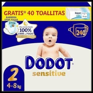 Dodot Pañales Bebé Sensitive, Talla 2 (4-8 kg), 240 Pañales + Regalo de 40 Toallitas Aqua Pure 99% Agua, Hasta 12 h De Protección Antifugas y Cuidado de la Piel, Pack Mensual