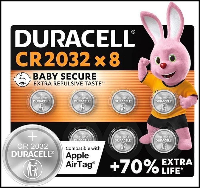 Duracell CR2032 pilas de botón de litio 3 V (paquete de 8) - Hasta un 70 % extra duración - Tecnología Baby Secure - Para Apple AirTag, llaves remotas, dispositivos domésticos, deportivos y médicos