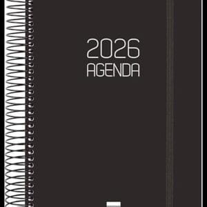 Finocam - Agenda Espiral 2026 1 Día Página | Enero - Diciembre (12 meses) | Agenda Anual 2026 con goma | Tapa de polipropileno Espiral Opaque - Negro - Español