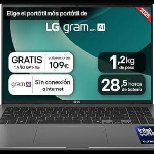 LG gram 16Z90TL-G.AU88B Ordenador Portátil 16 Pulgadas Intel Core Ultra7 258V, 32 GB RAM, 1TB SSD, Panel IPS Antirreflejo, WQXGA, 1.239 g, 28.5 Horas, Windows 11 Home, Negro, Teclado QWERTY Español