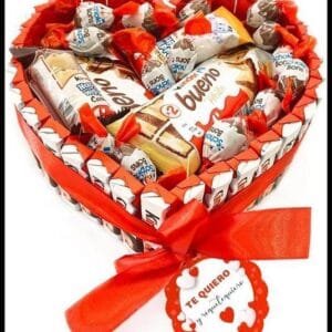 Onza Cesta San Valentín de Chocolates Kinder para regalar - Regalo original para Mujer, Hombre - Regalos originales para parejas - Corazón Chocolate Kinder Bueno Pack