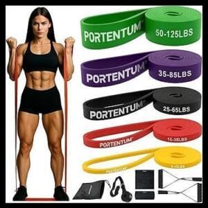 PORTENTUM Gomas elasticas musculacion – Set de Bandas de resistencia 4 o 5 niveles intensidad – Asas, anclaje puerta, fundas y bolsa – Gimnasio en casa hombres y mujeres – Fuerza Fitness Crossfit Yoga