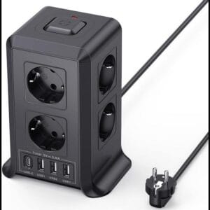 Torre Regletas Enchufes, Regleta USB 8 Tomas de AC y 4 USB Enchufe Multiple, 2500W/10A,Regleta Enchufes Proteccion Sobretension, 2M Regreltas Vertical con Interruptor para Mesa, Oficia, Casa, Negro