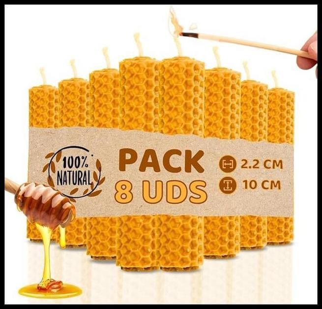 Velas de Miel de Abeja para Rituales 100% Natural Española Cera Pura - Hechas a Mano - Origen España - SIN PARAFINA (Pack de 8, 10 cm x 2,2 cm)