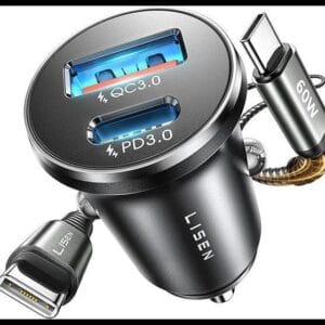 LISEN Cargador Coche Carga Rápida Mechero USB C 69W+60W Cable, Carregador Isqueiro Carro Gadgets Coche 12/24V Flash del Dia, Accesorios Electrónico para Kindle iPhone 17 Pro Max 16 15 Samsung S25 iPad
