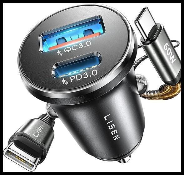 LISEN Cargador Coche Carga Rápida Mechero USB C 69W+60W Cable, Carregador Isqueiro Carro Gadgets Coche 12/24V Flash del Dia, Accesorios Electrónico para Kindle iPhone 17 Pro Max 16 15 Samsung S25 iPad
