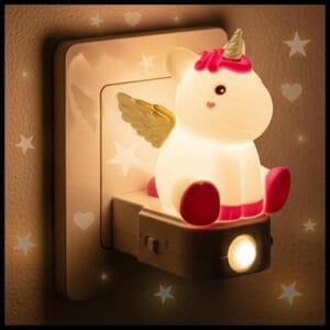 Unicornio Luz Nocturna Infantil con Enchufe Lampara Bebe Noche Luz con Sensor de Movimiento Sensor de Crepusculo Quitamiedos Lampara noche niños y bebes 7 colores LED.